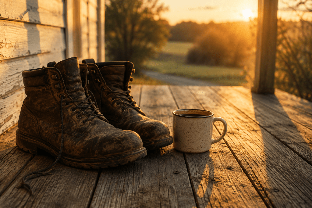 A pair of worn work boots and a coffee mug resting on a wooden porch at sunrise symbolize the quiet strength and dedication of fathers.