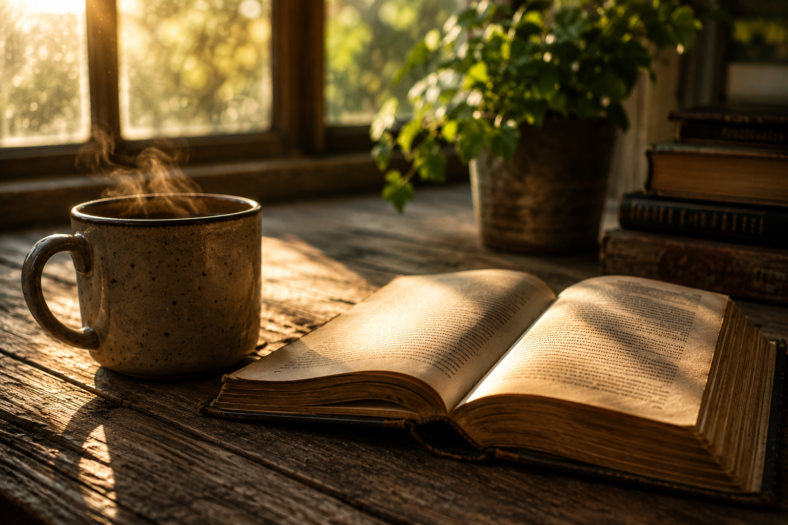 A well-worn book resting on a wooden table beside a warm cup of coffee, illuminated by soft morning light.