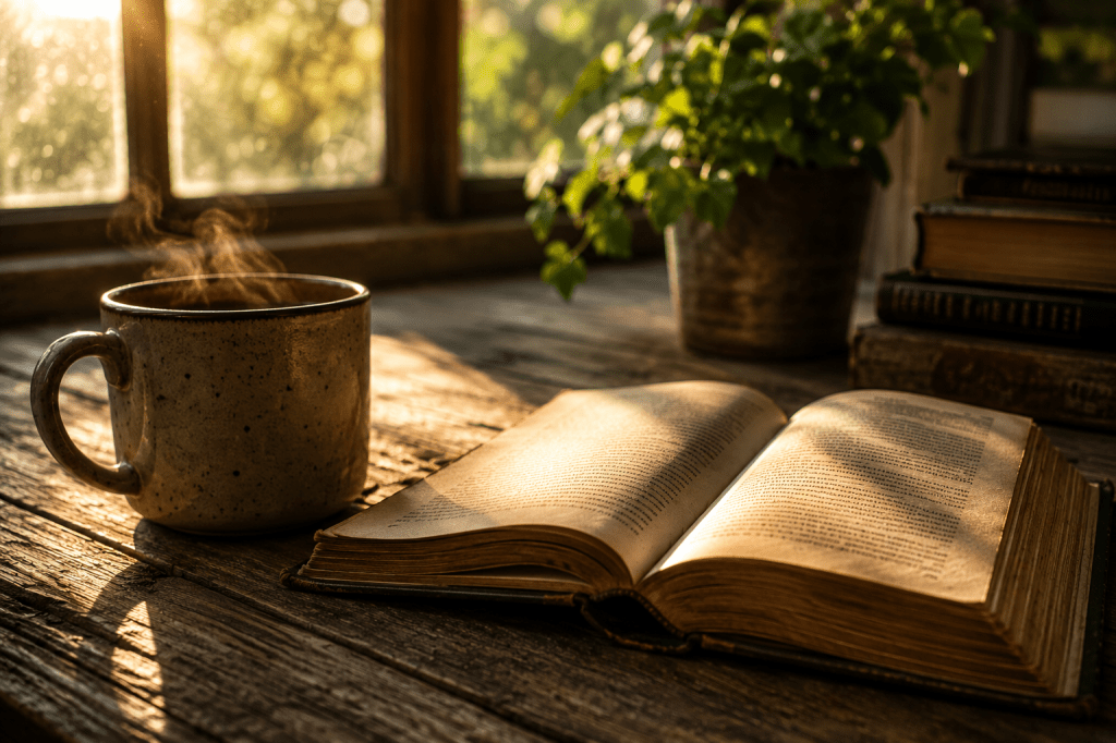 A well-worn book resting on a wooden table beside a warm cup of coffee, illuminated by soft morning light.