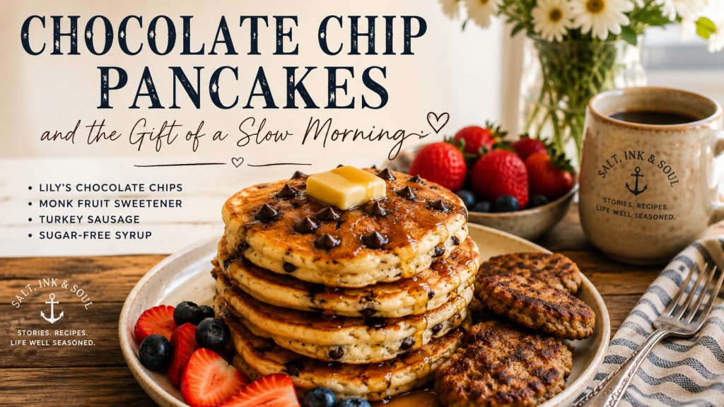 Stack of chocolate chip pancakes topped with butter and sugar-free syrup, served with turkey sausage, fresh berries, and coffee on a rustic breakfast table.