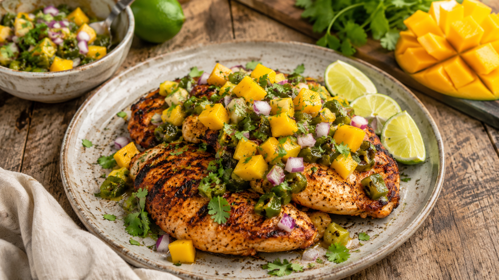 Grilled chicken topped with fresh green chile mango salsa made with diced mango, roasted green chiles, red onion, cilantro, and lime on a rustic wooden table.