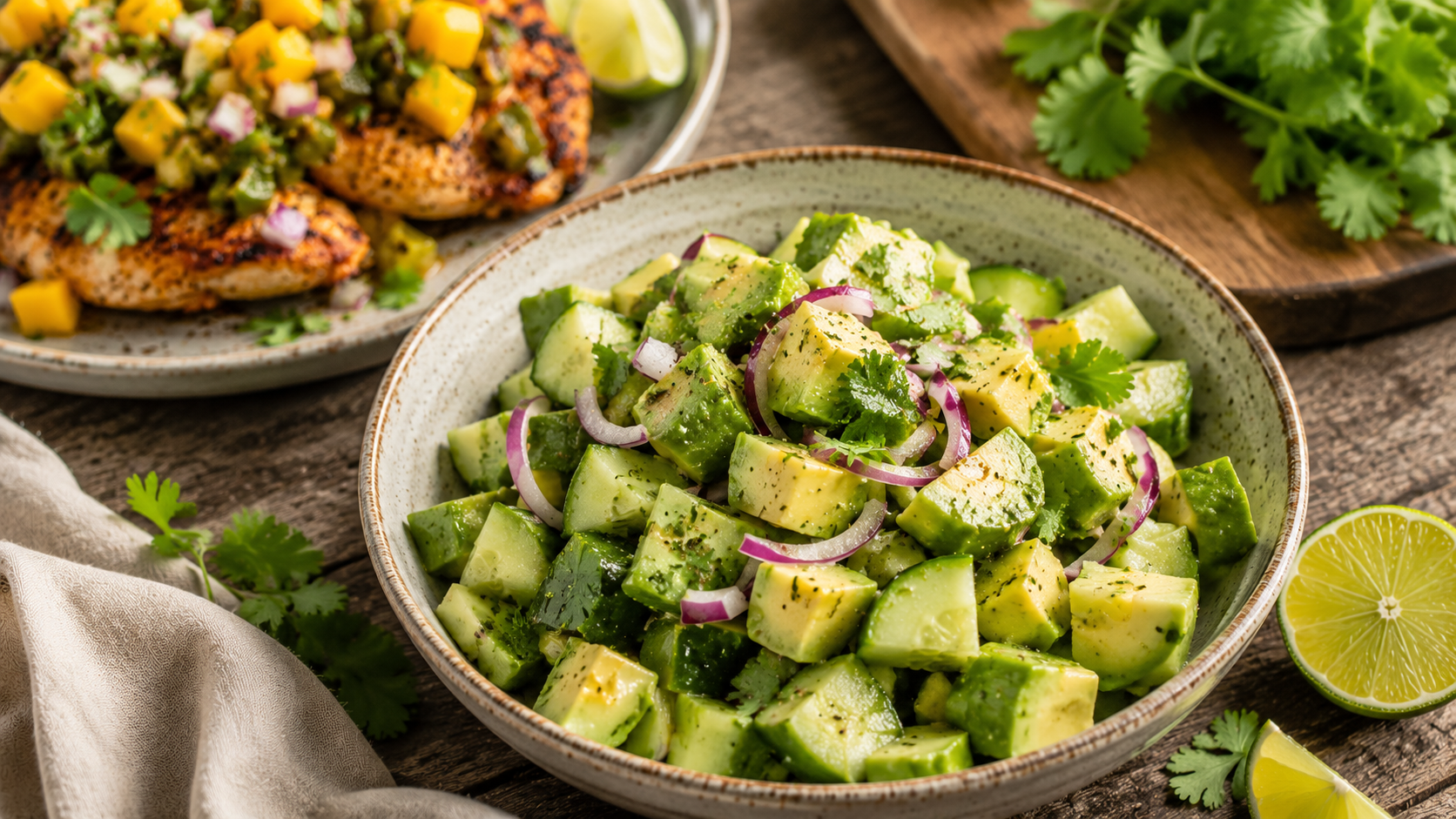 Fresh avocado and cucumber salad with lime, red onion, and cilantro served in a rustic ceramic bowl on a wooden table.