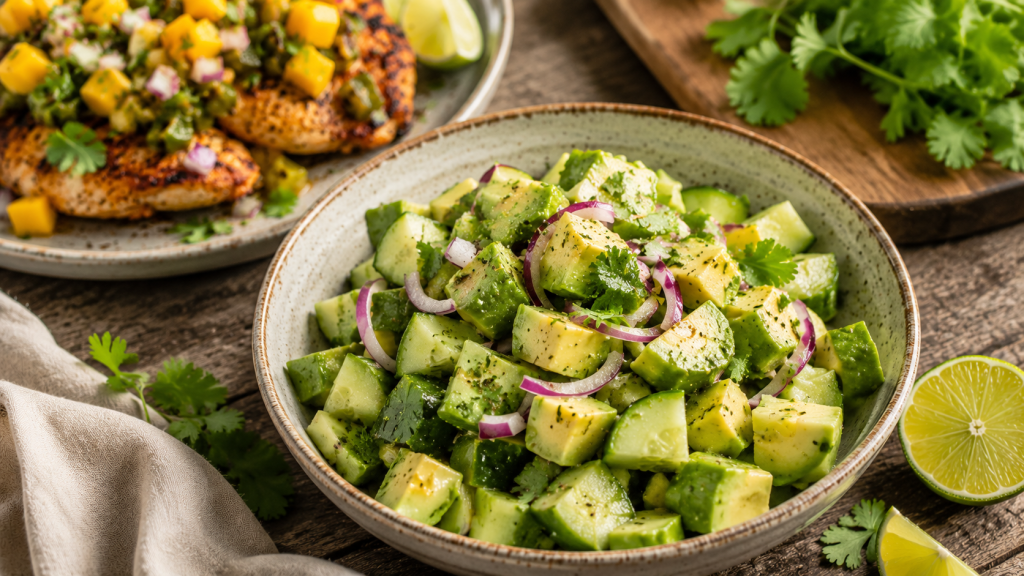 Fresh avocado and cucumber salad with lime, red onion, and cilantro served in a rustic ceramic bowl on a wooden table.