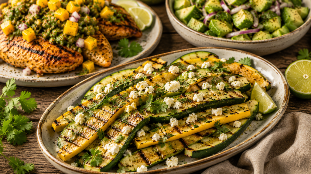 Grilled zucchini and yellow summer squash are garnished with parsley, lime, and crumbled feta on a rustic serving platter beside a healthy summer dinner.