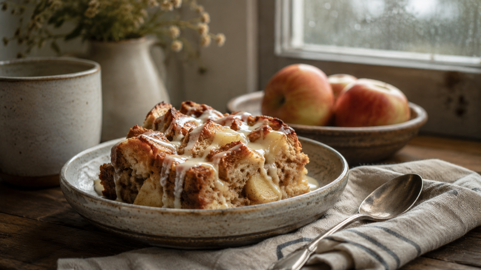 Warm apple-cinnamon bread pudding with baked apples and a vanilla glaze, served on a rustic table.