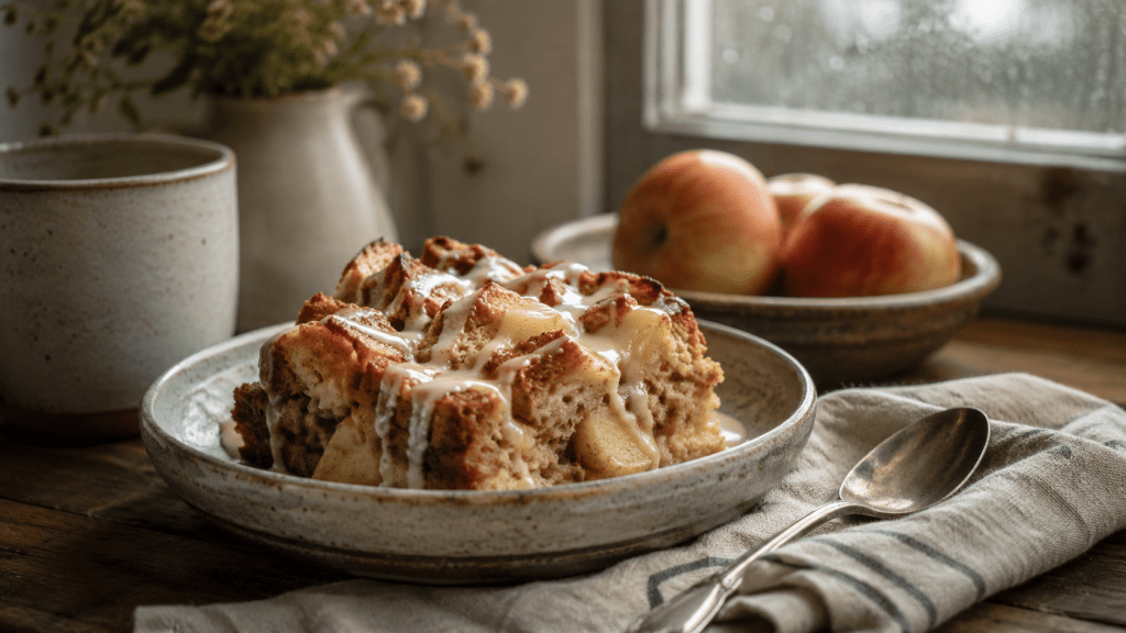 Warm apple-cinnamon bread pudding with baked apples and a vanilla glaze, served on a rustic table.