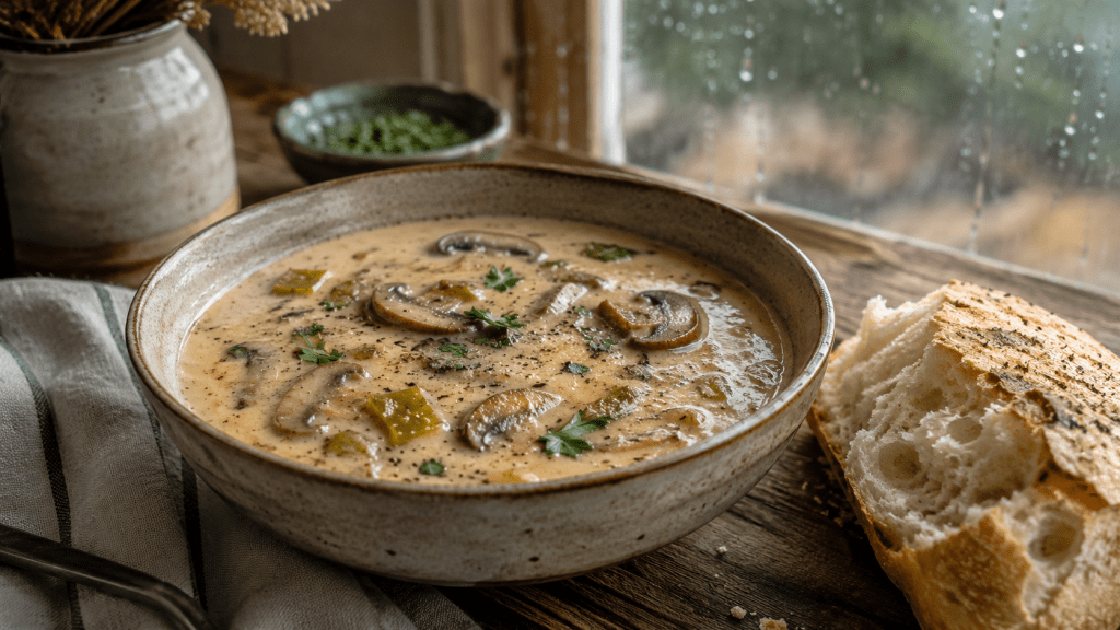 A bowl of green chile mushroom soup served with a thick piece of homemade bread on a rustic table.