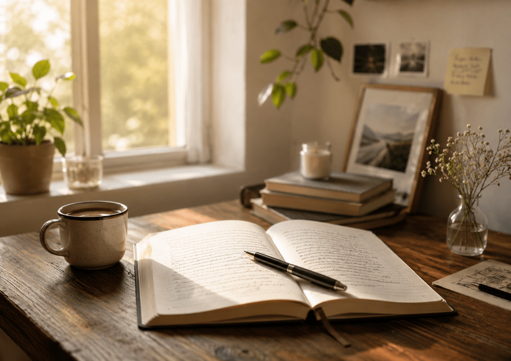An open journal on a wooden desk with a pen and coffee cup in soft natural light, symbolizing reflection and advice to a younger self.