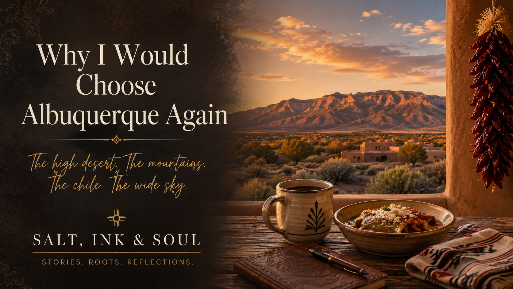 A warm high-desert view of Albuquerque, with mountains, golden light, and New Mexican details symbolizing home and belonging.