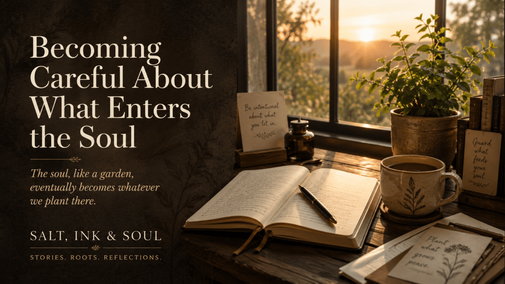 A quiet sunrise scene with an open journal, warm light, and a small plant, symbolizing protecting peace and being careful about what enters the soul.