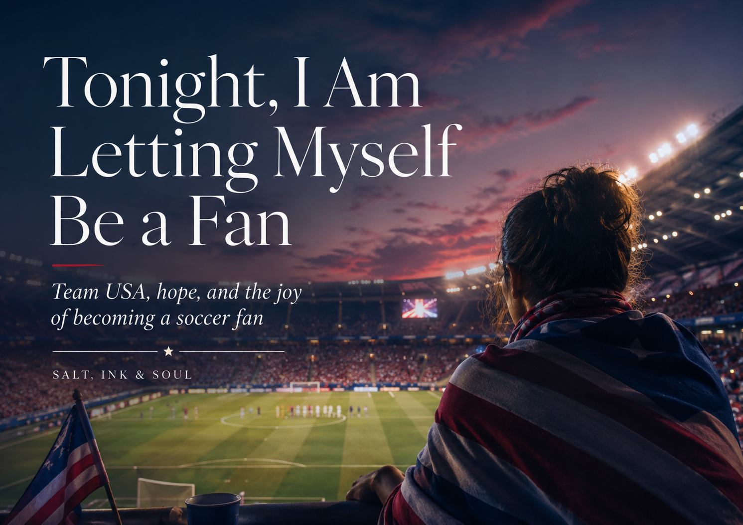 A reflective soccer scene inspired by Team USA World Cup excitement, with stadium lights, red, white, and blue colors, and a hopeful evening atmosphere.