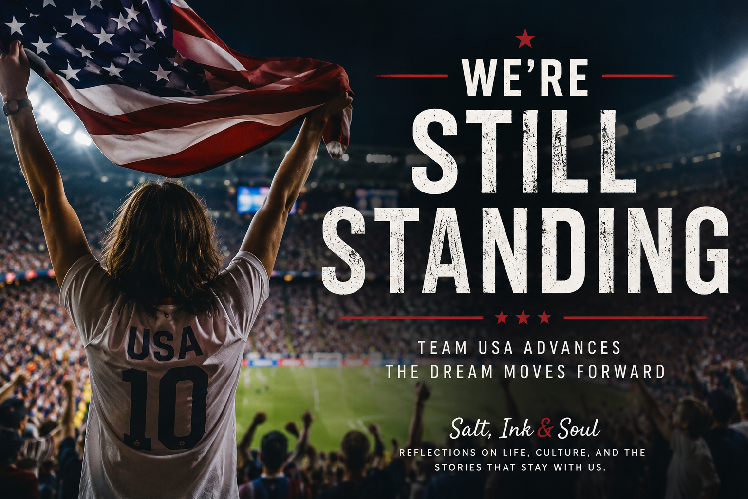 A hopeful Team USA soccer fan celebrating a World Cup win under stadium lights as the United States advances to the Round of 16.