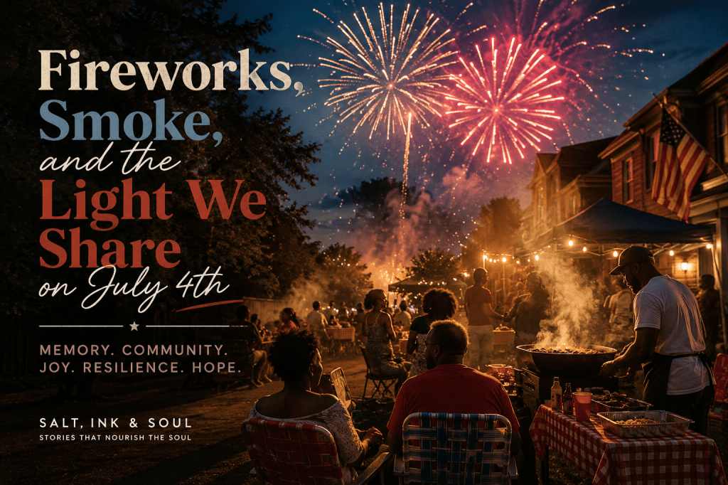 A neighborhood gathers beneath colorful Fourth of July fireworks as smoke rises from backyard grills, reflecting community, memory, resilience, and shared hope.