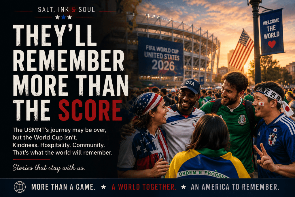A soccer stadium filled with international fans as people from around the world gather during the FIFA World Cup in the United States.