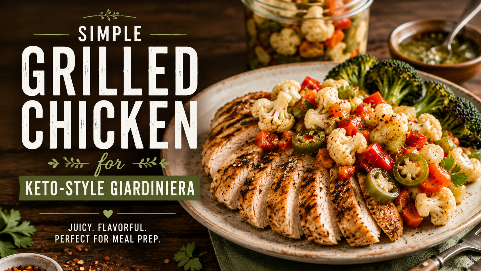 Slices of juicy grilled chicken topped with Keto-Style Giardiniera and served with roasted broccoli on a rustic wooden table.