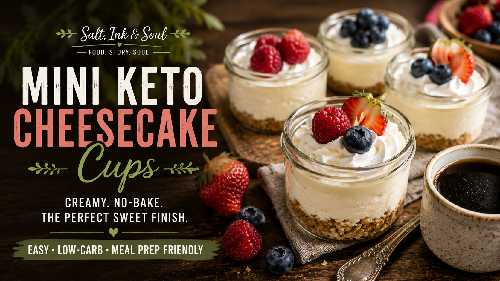 Six Mini Keto Cheesecake Cups topped with fresh berries and whipped cream, arranged on a rustic wooden table beside a cup of coffee.