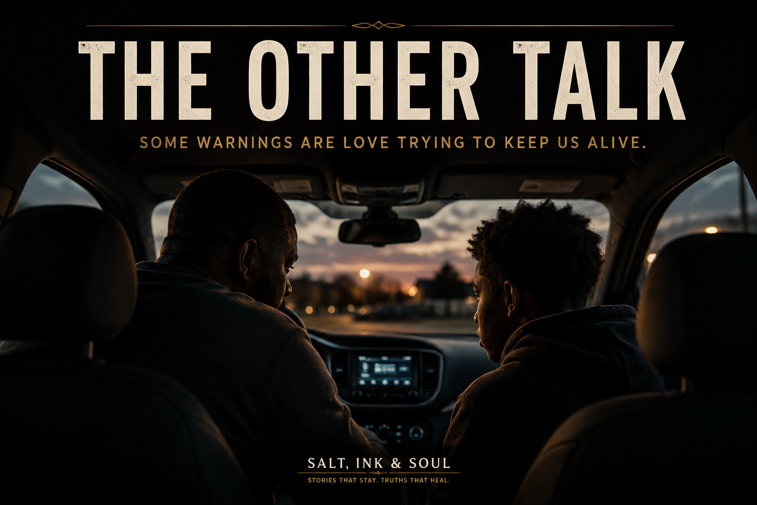Black father and teenage son sitting quietly in a parked car during a serious conversation about safety.