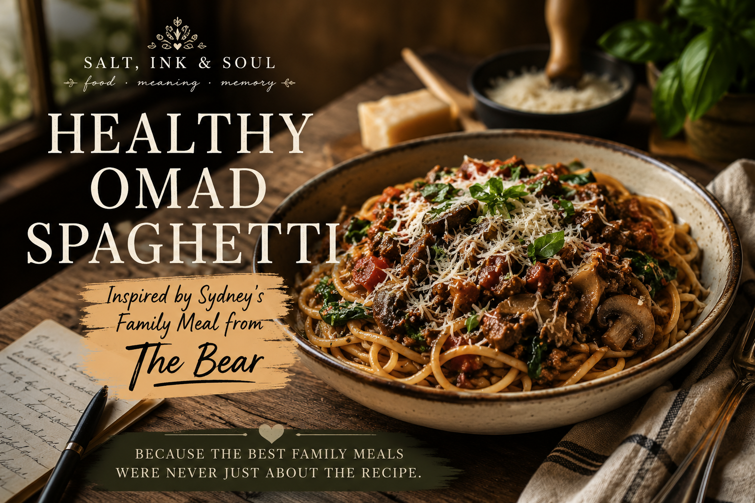 A rustic bowl of healthy OMAD spaghetti inspired by The Bear, made with lean beef, vegetables, fresh Parmesan, and basil on a wooden table with warm natural light.