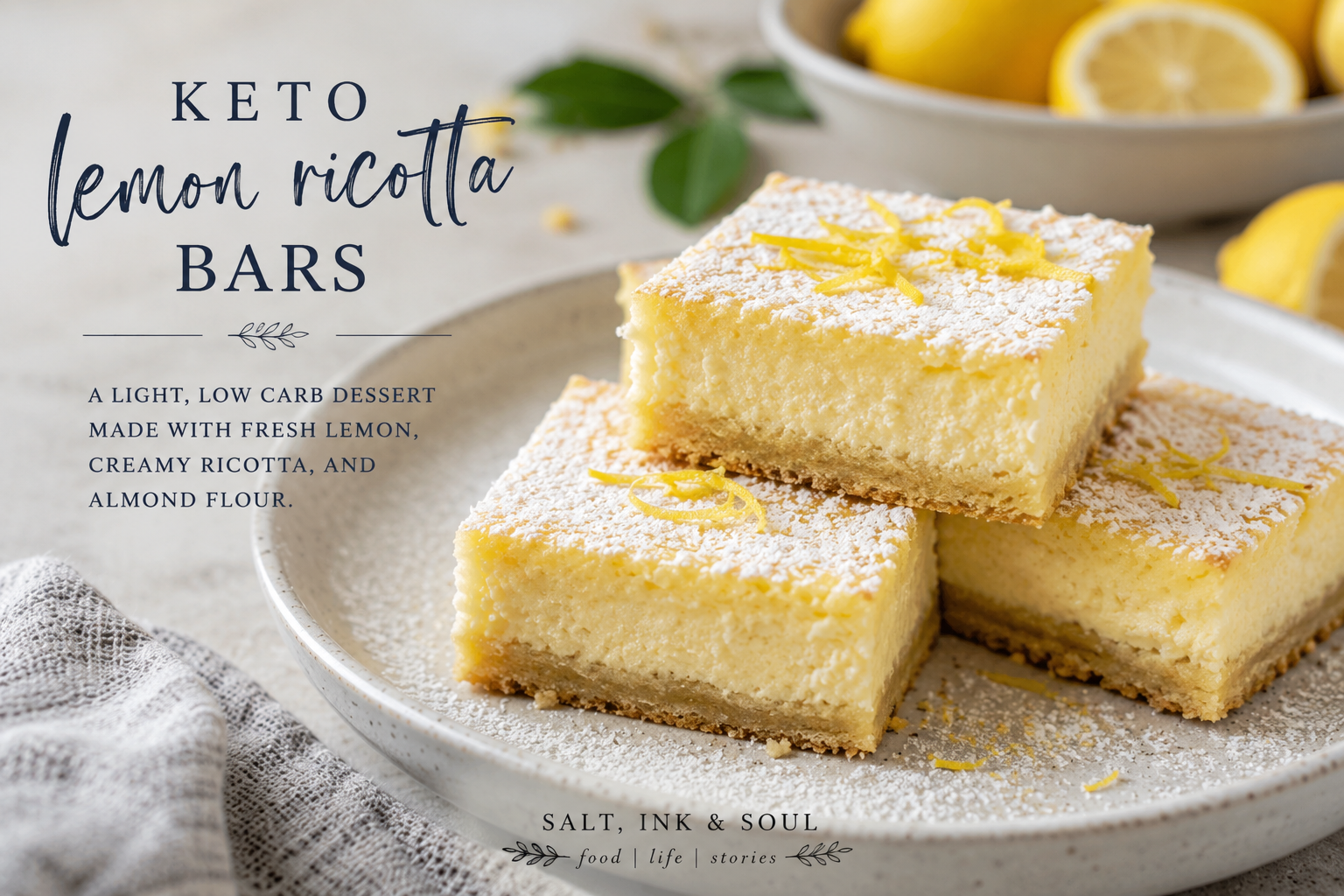 Keto lemon ricotta bars with almond flour crust, dusted with powdered sweetener and topped with lemon zest.