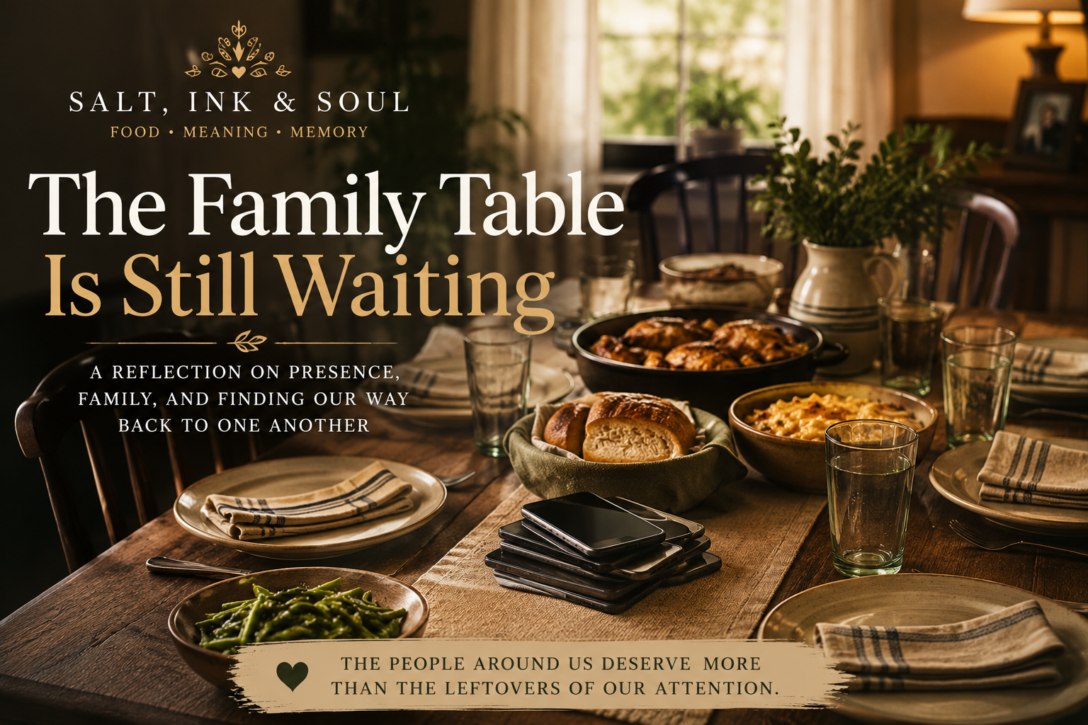 A family dinner table with shared food and phones stacked face down in the center, symbolizing presence and meaningful connection during a meal.