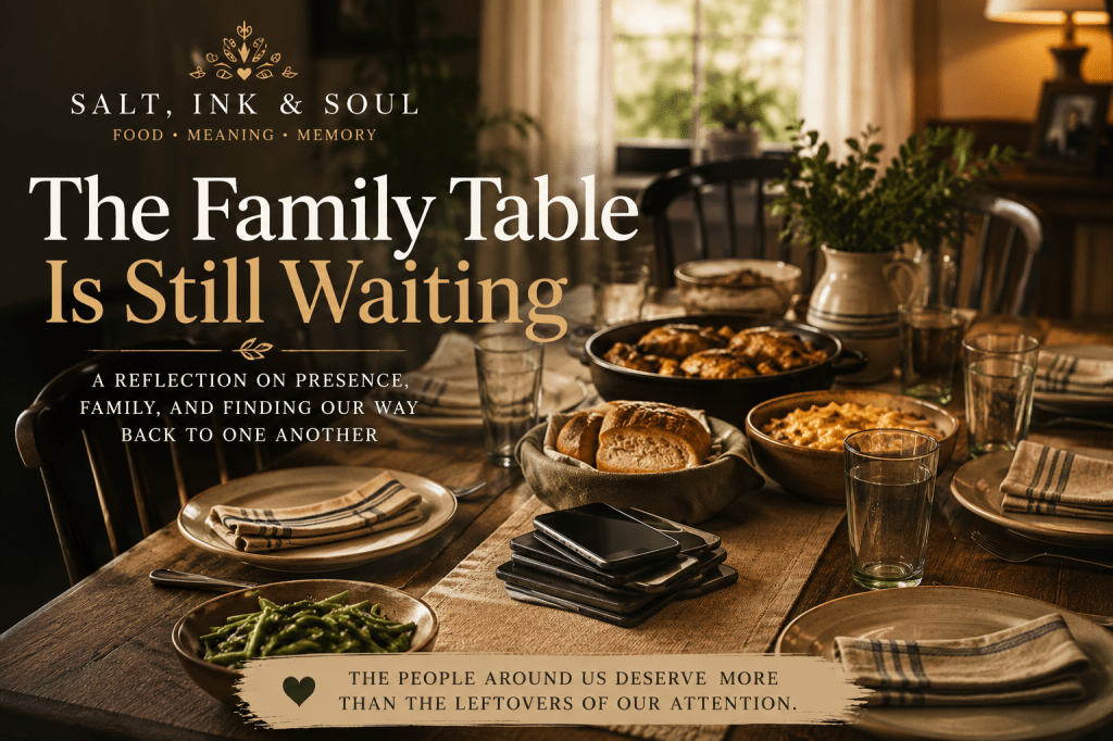 A family dinner table with shared food and phones stacked face down in the center, symbolizing presence and meaningful connection during a meal.