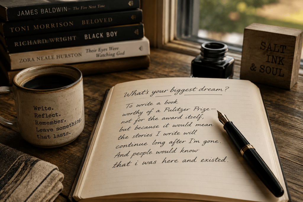 An open journal beside a fountain pen with warm morning light, symbolizing the dream of leaving behind words that endure.