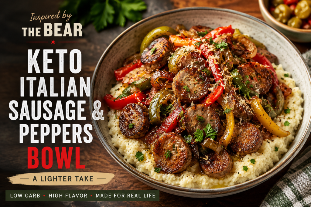 A bowl of keto Italian sausage and peppers served over creamy cauliflower mash, topped with fresh parsley and Parmesan, inspired by the flavors of Chicago and The Bear.