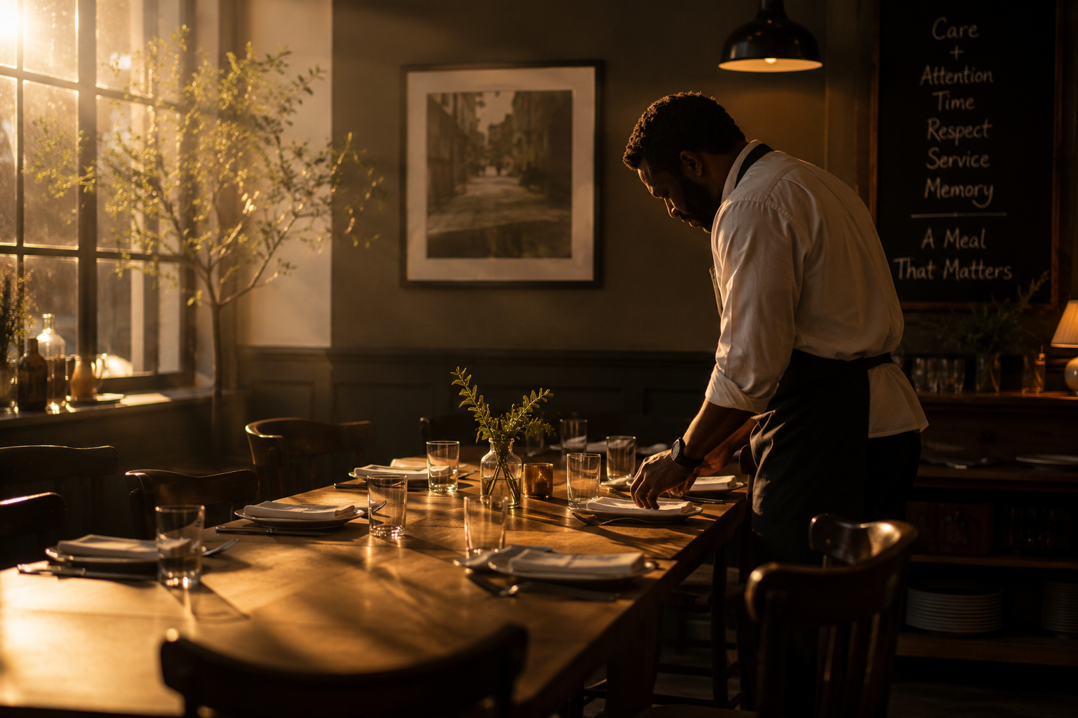 A warmly lit dining room with one person carefully setting a table before guests arrive, symbolizing purpose, service, and personal growth.