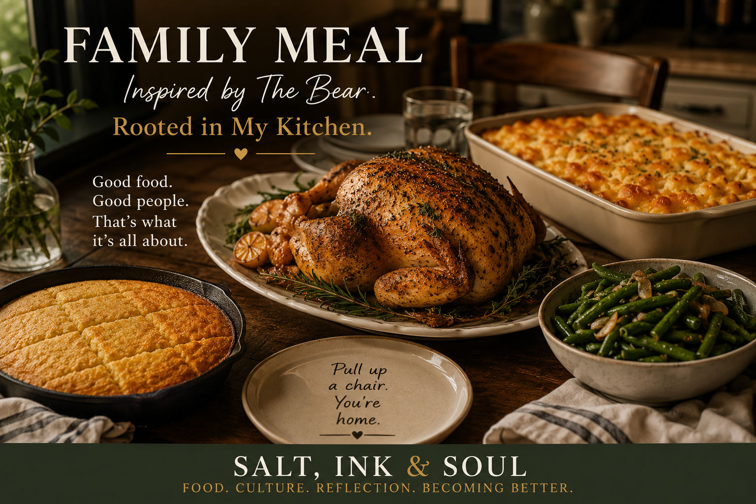 A family-style dinner featuring herb-roasted chicken, baked macaroni and cheese, seasoned green beans, cornbread, and a warmly set dining table.