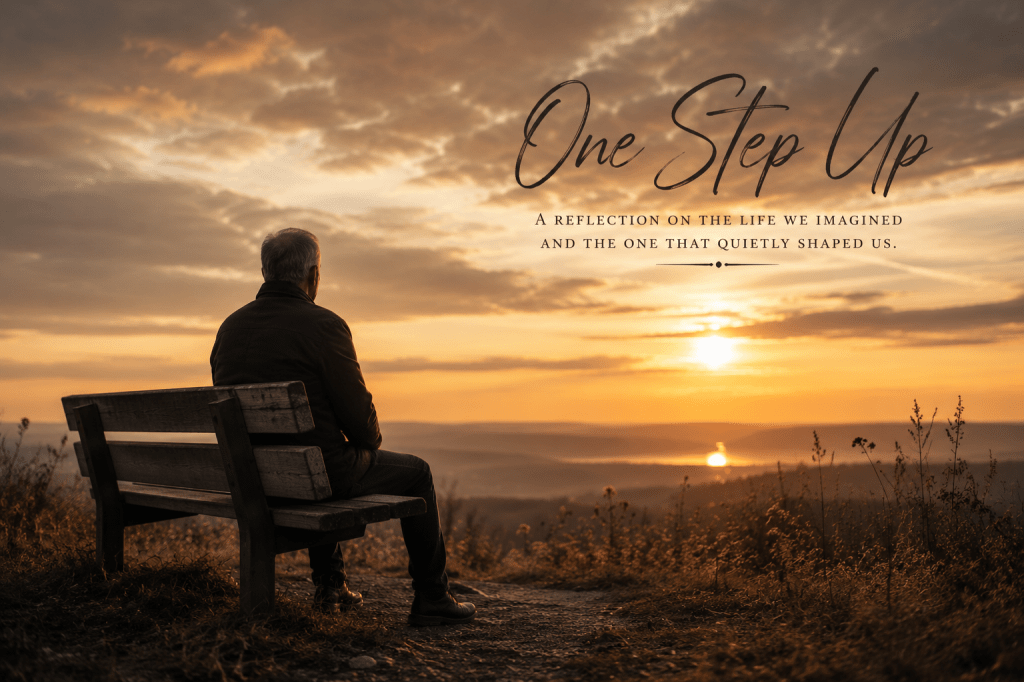 A solitary man stands beneath a wide evening sky, looking toward the horizon as warm light breaks through distant clouds, symbolizing reflection, resilience, and becoming the person life quietly shapes us to be.