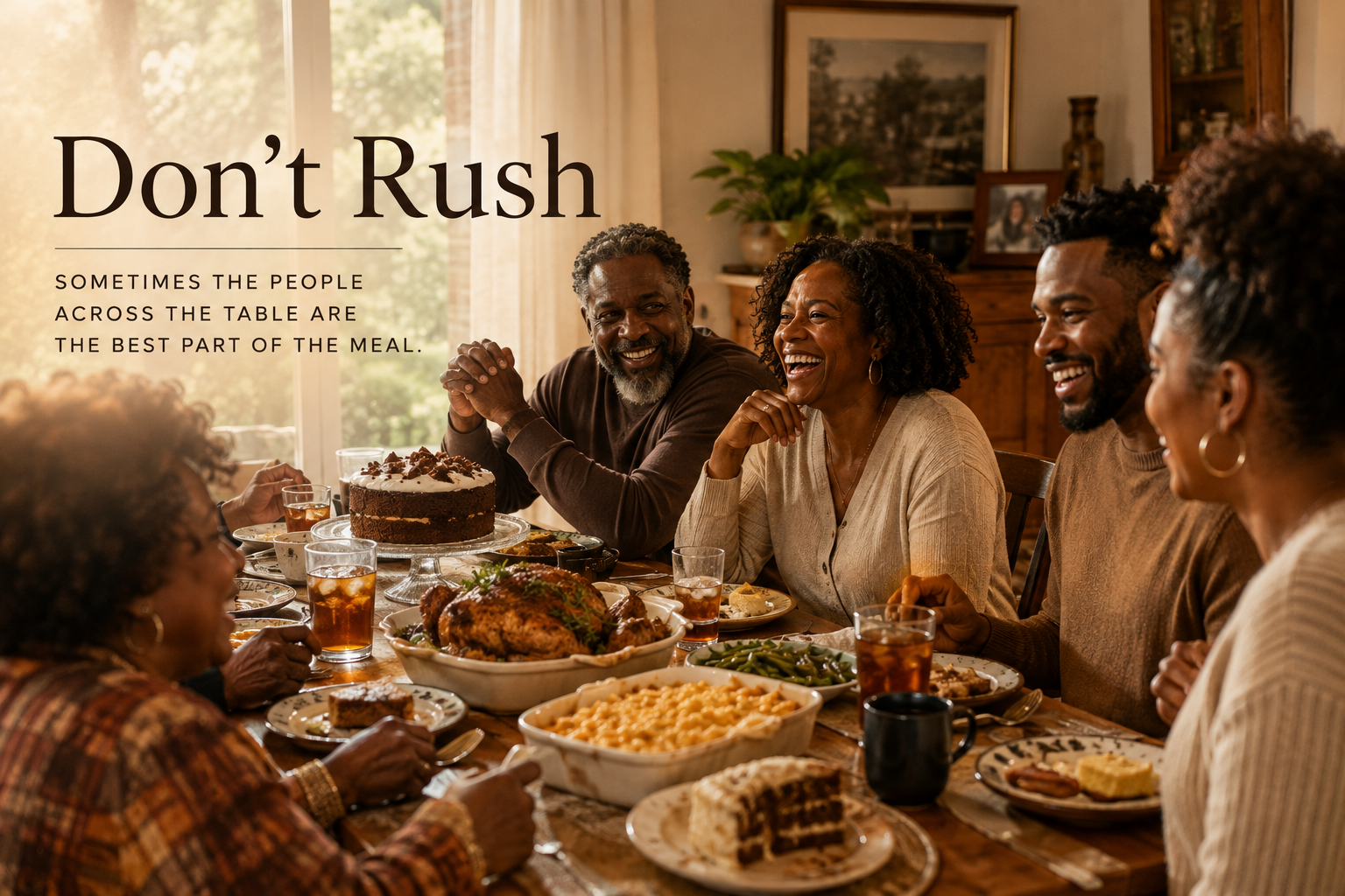 A Foundational Black American family and friends gathered around a dinner table laughing, talking, and sharing a home-cooked meal together.