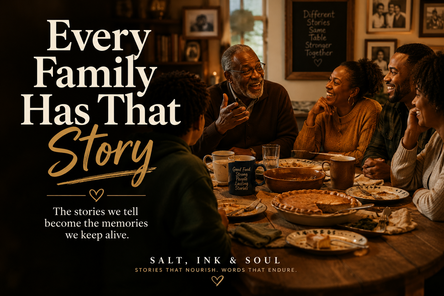 A Foundational Black American family gathered around a dinner table laughing and sharing family stories over coffee and dessert.