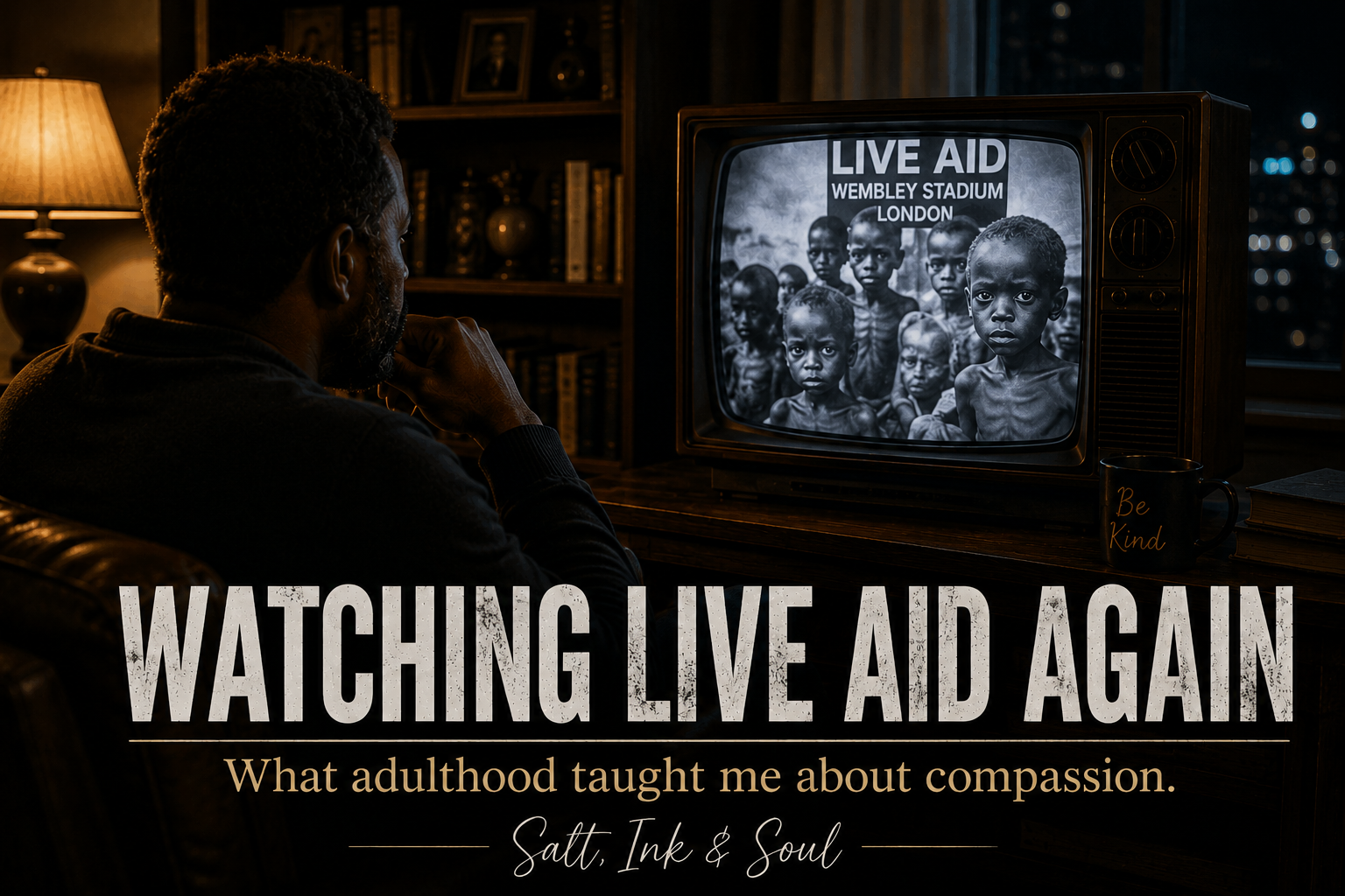 A man quietly watches archival humanitarian footage on television while reflecting on compassion, history, and the legacy of Live Aid.