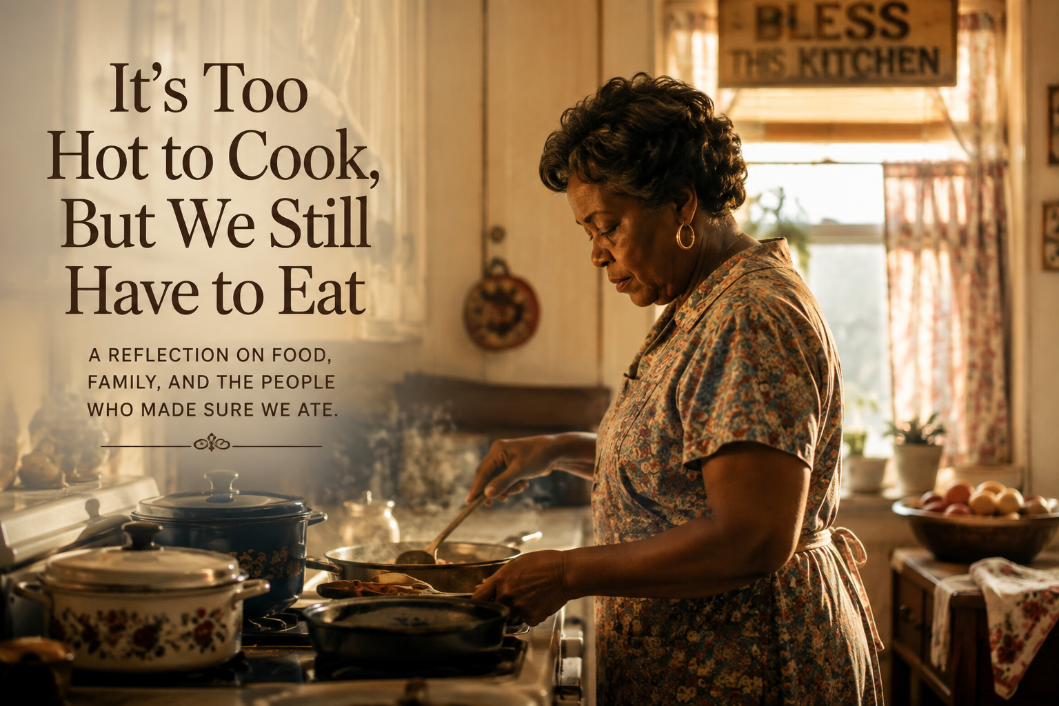 An older Black woman prepares a family meal in a warm kitchen during summer.