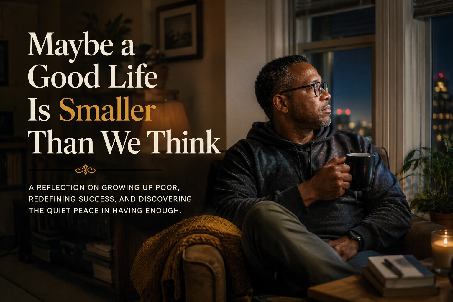 A Black man sits peacefully in a comfortable apartment, reflecting on what makes a good life.