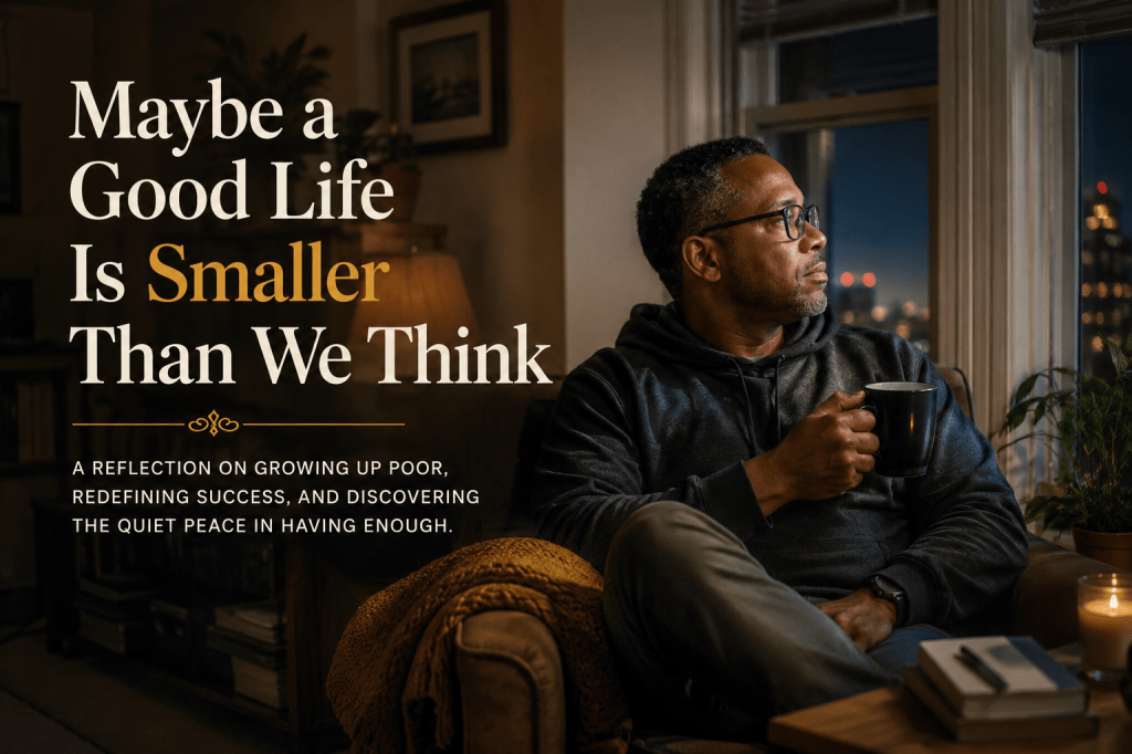 A Black man sits peacefully in a comfortable apartment, reflecting on what makes a good life.