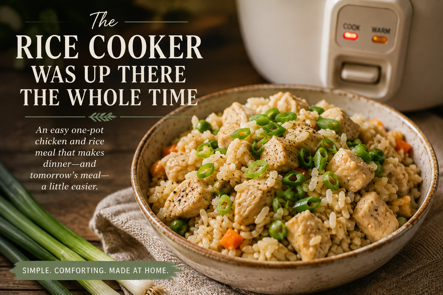 Rice cooker chicken and rice topped with fresh green onions