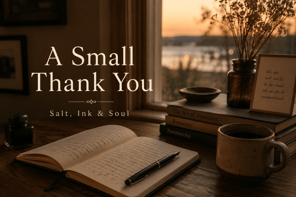 A warm writing desk with an open journal and the words A Small Thank You — Salt, Ink & Soul.