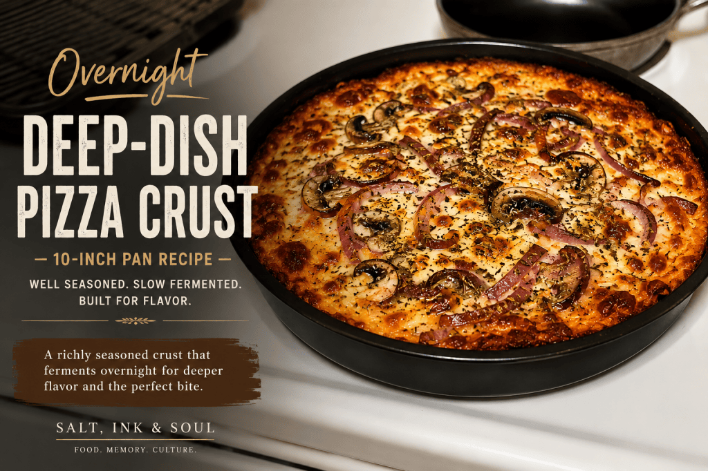 Homemade 10-inch deep-dish pizza with grilled onions, mushrooms, and melted mozzarella cheese.