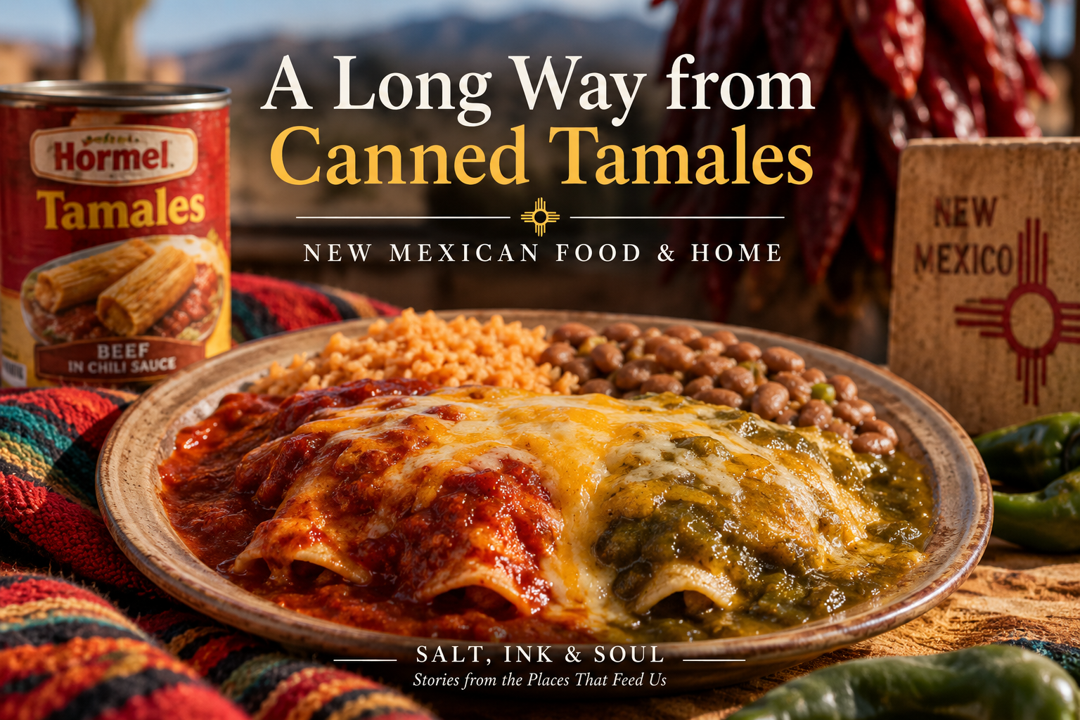 New Mexican enchiladas with red and green chile representing the journey in A Long Way from Canned Tamales