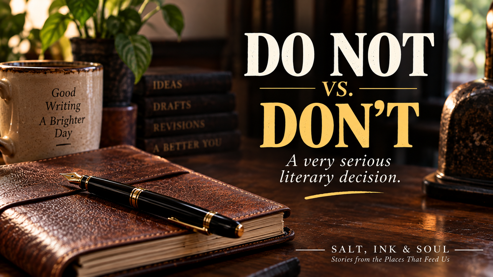 Do Not vs. Don't — a humorous Salt, Ink & Soul note about a writer debating word choice.