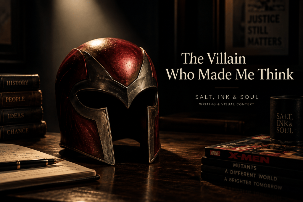 A Magneto-inspired helmet rests on a dark desk beneath a dramatic spotlight