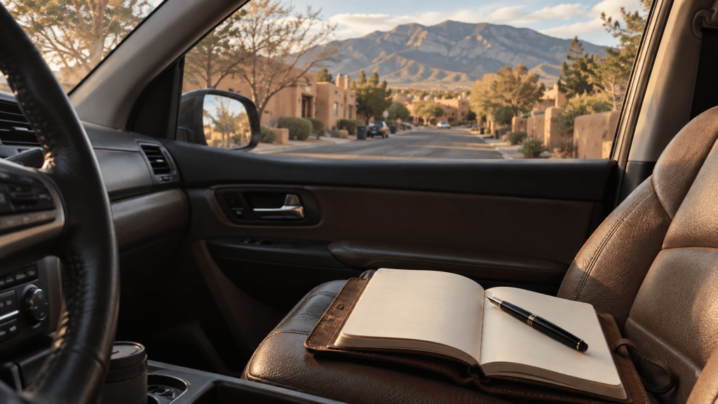 An open notebook and pen inside a parked SUV in Albuquerque.
