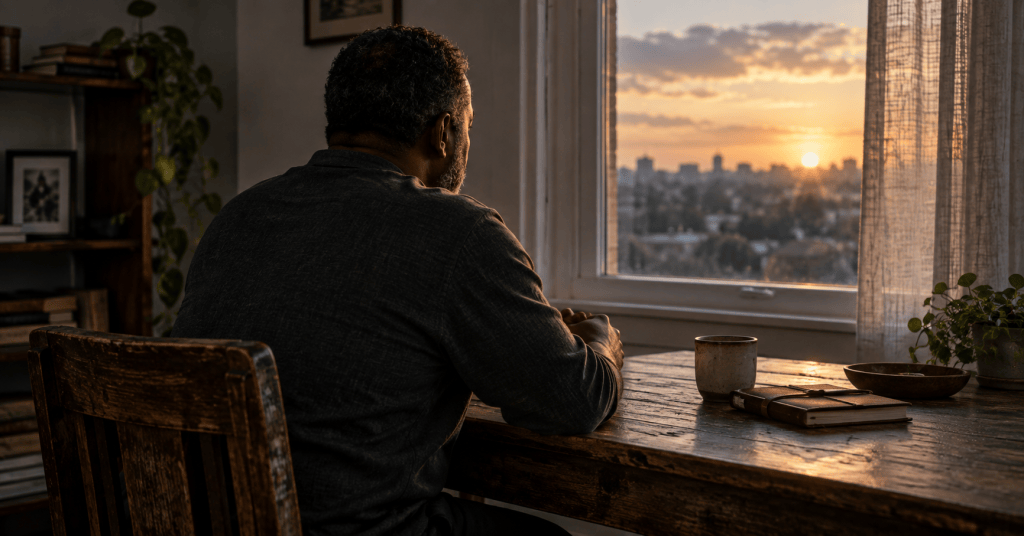 A Black man sits alone at a wooden table in a quiet room, reflecting in the early morning light.