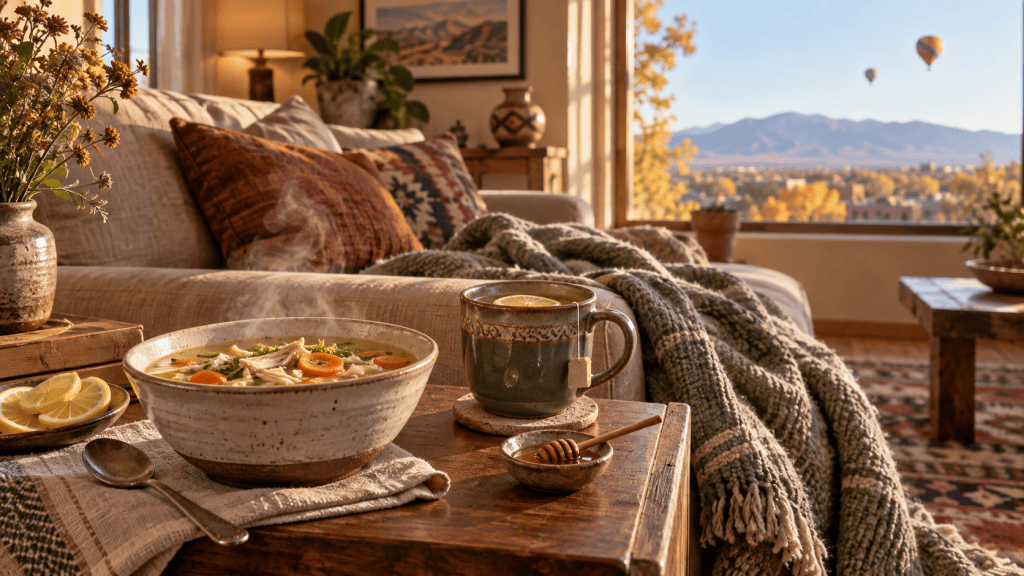 Green tea with lemon and honey beside chicken soup and a weighted blanket on a couch during fall