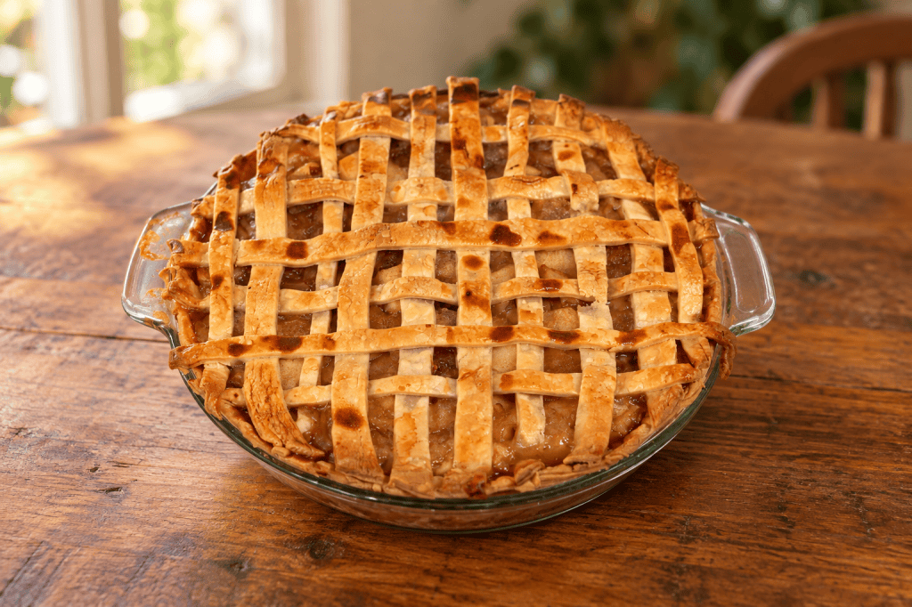 Homemade lattice apple pie in a clear glass dish on a wooden table.