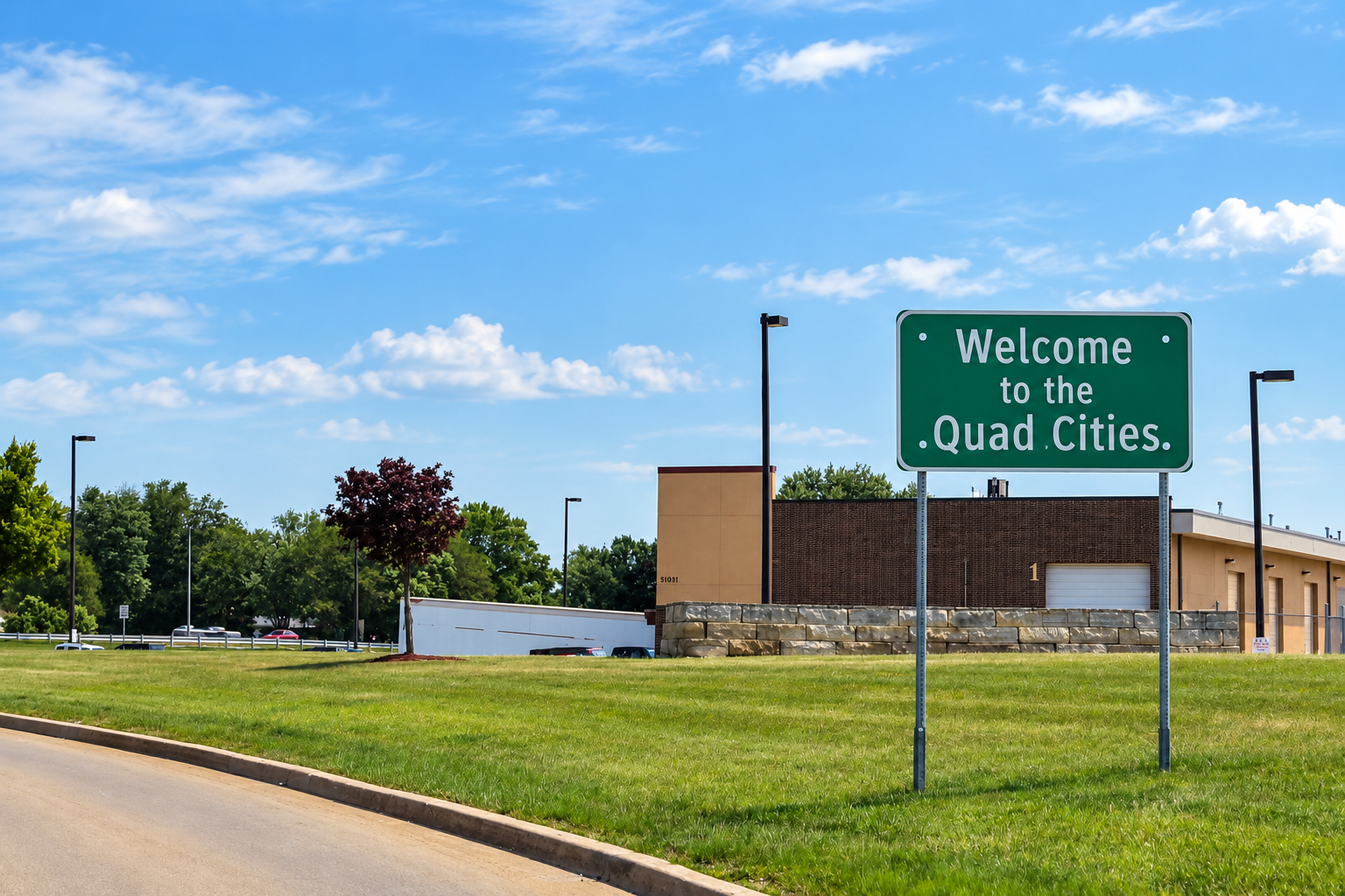 Welcome to the Quad Cities sign beside the road under a blue summer sky.