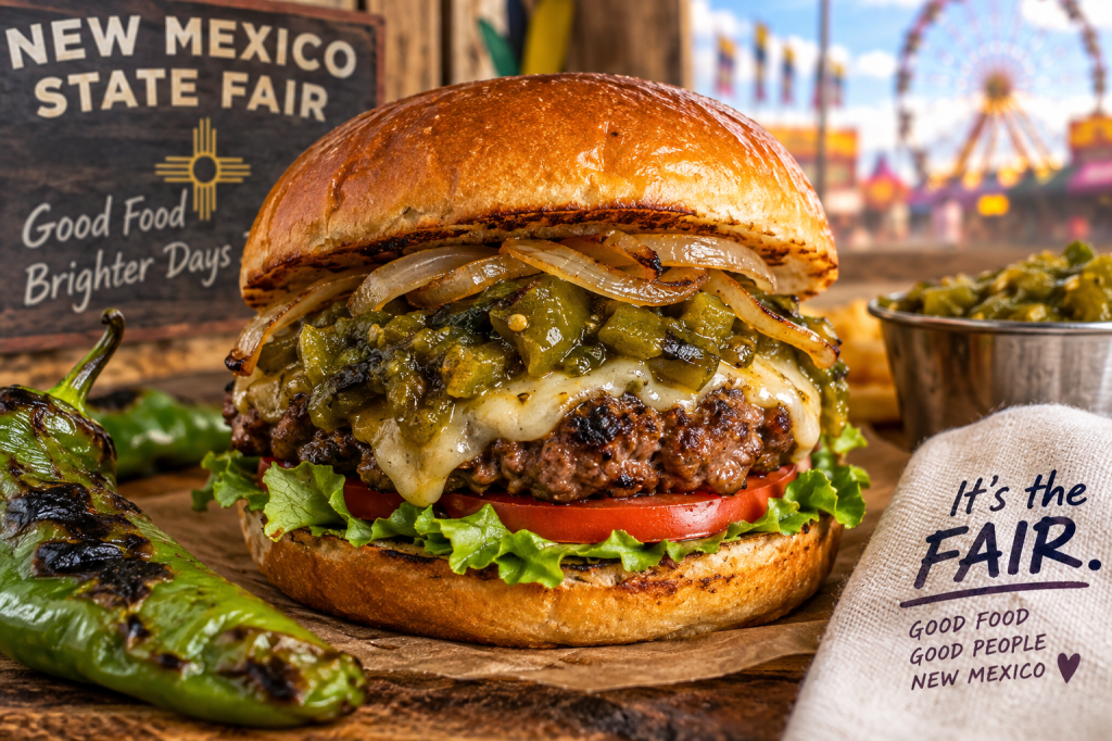 New Mexico green chile cheeseburger with roasted green chile, melted cheese, and grilled onions