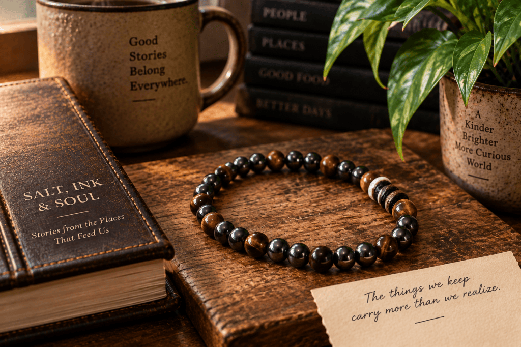 A handmade beaded bracelet resting on a wooden table beside a Salt, Ink & Soul journal