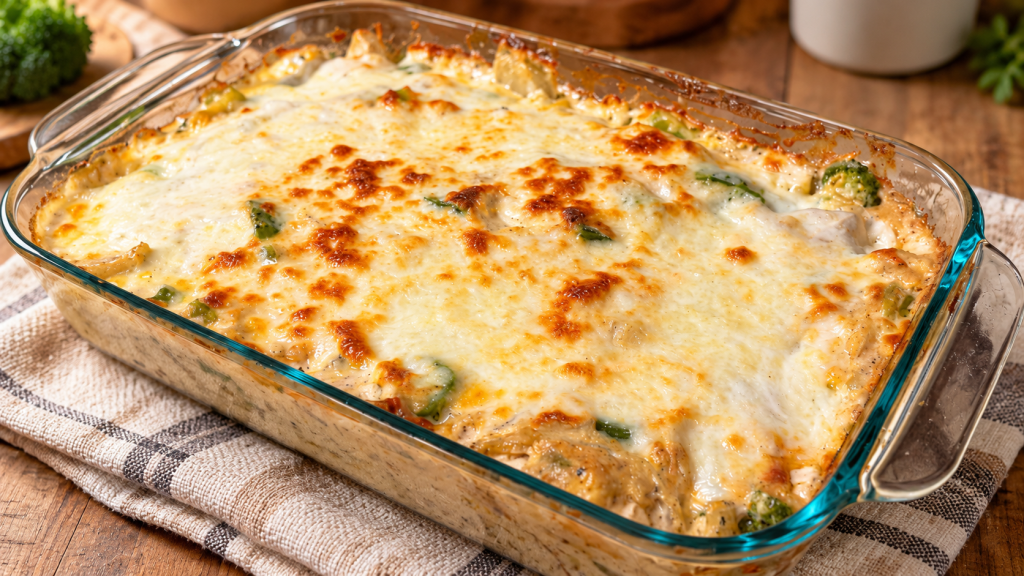 Homemade Creamy Serrano Chicken and Broccoli Casserole in a glass baking dish, topped with golden melted mozzarella cheese.